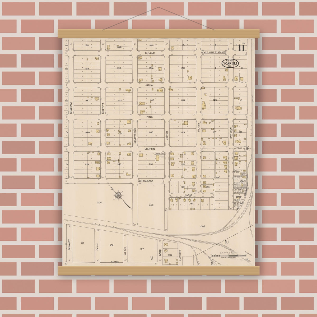Old map wall art mockup — magnetic wood frame on brick wall — Sanborn Fire Insurance Map from Yoakum, De Witt And Lavaca Counties, Texas (1922), Sheet #0011