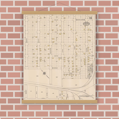 Old map wall art mockup — magnetic wood frame on brick wall — Sanborn Fire Insurance Map from Yoakum, De Witt And Lavaca Counties, Texas (1922), Sheet #0011
