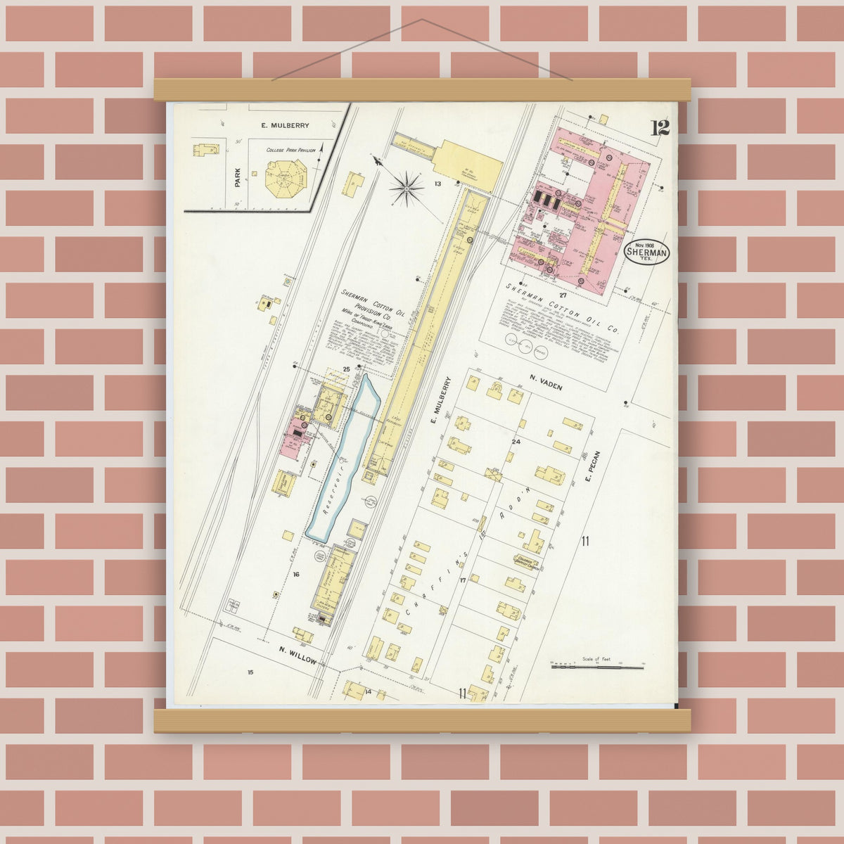 Old map wall art mockup — magnetic wood frame on brick wall — Sanborn Fire Insurance Map from Sherman, Grayson County, Texas (1908), Sheet #0012