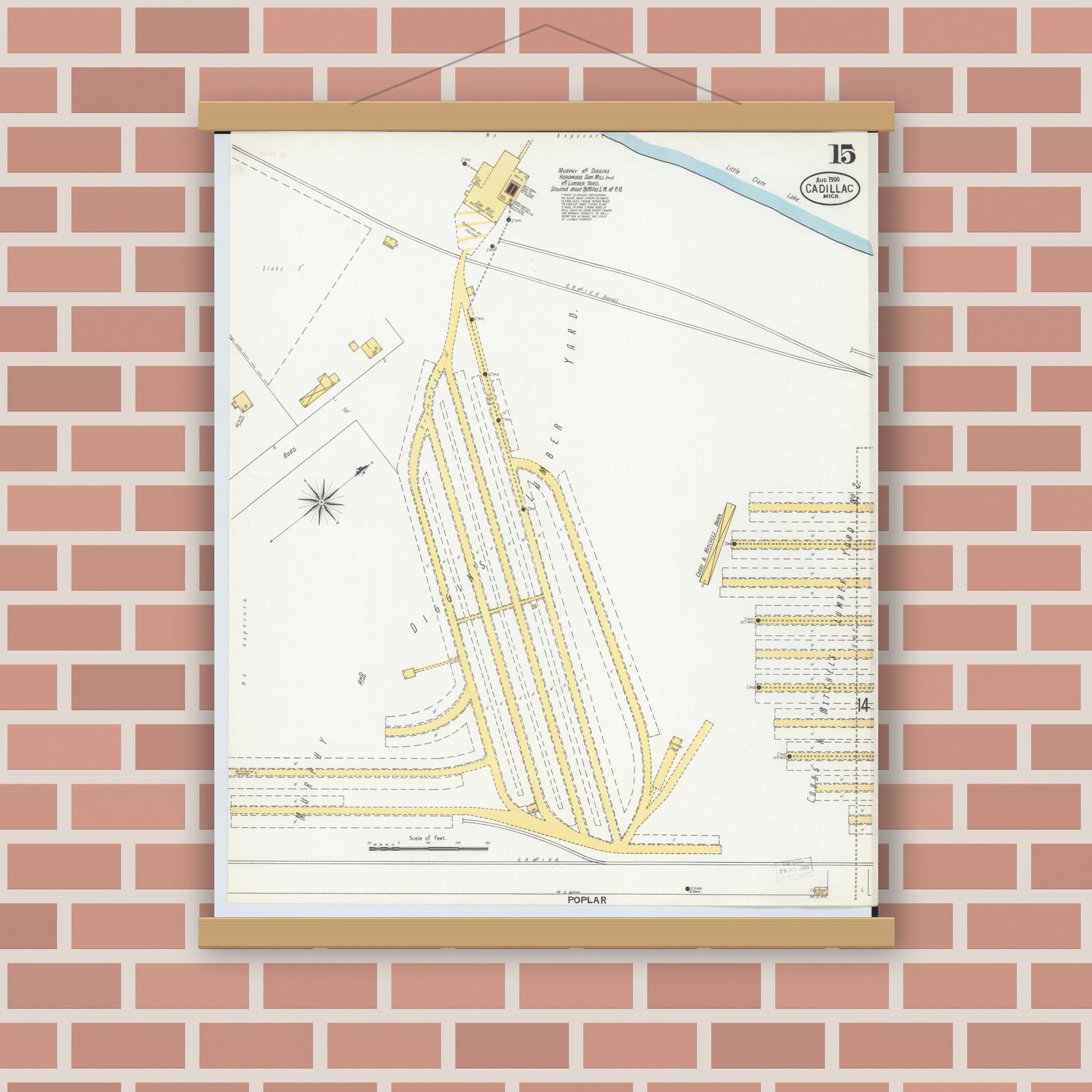 Old map wall art mockup — magnetic wood frame on brick wall — Sanborn Fire Insurance Map from Cadillac, Wexford County, Michigan (1900), Sheet #0015