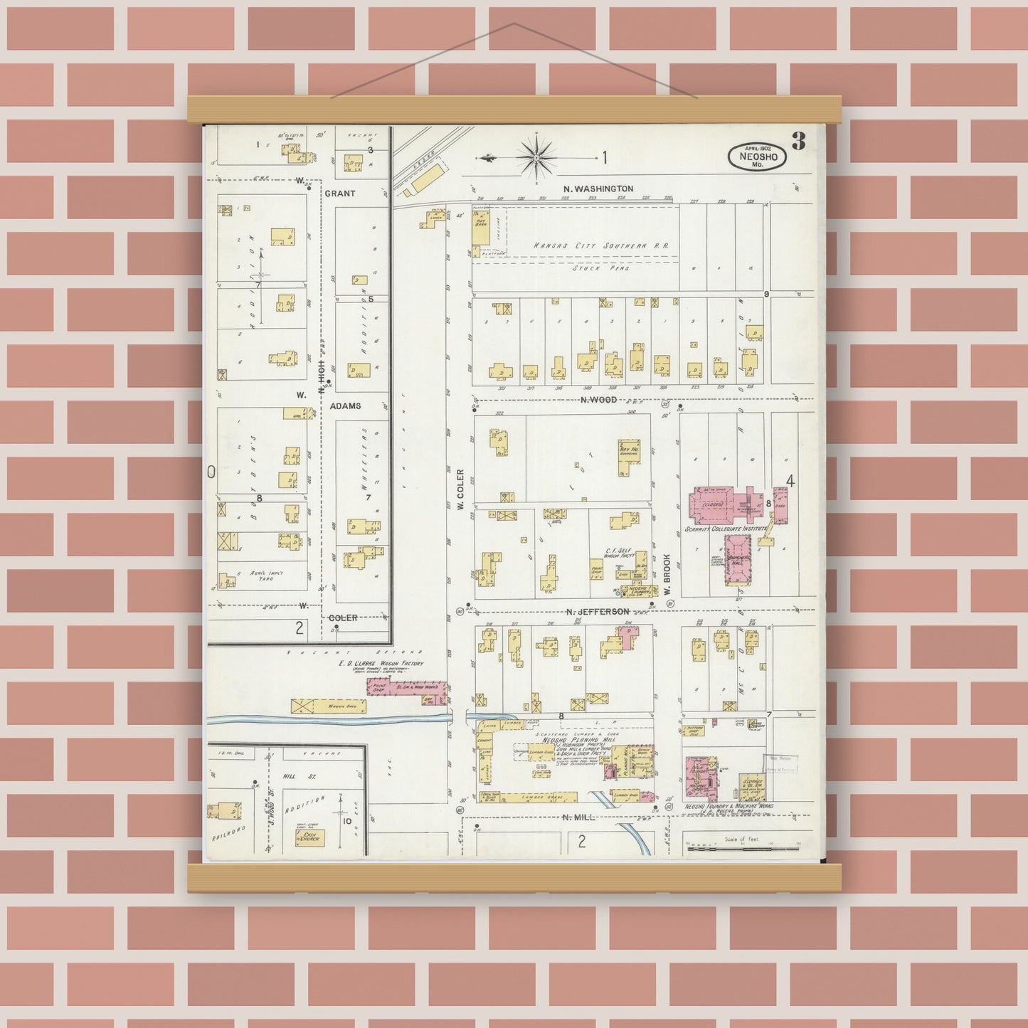 Old map wall art mockup — magnetic wood frame on brick wall — Sanborn Fire Insurance Map from Neosho, Newton County, Missouri (1902), Sheet #0003