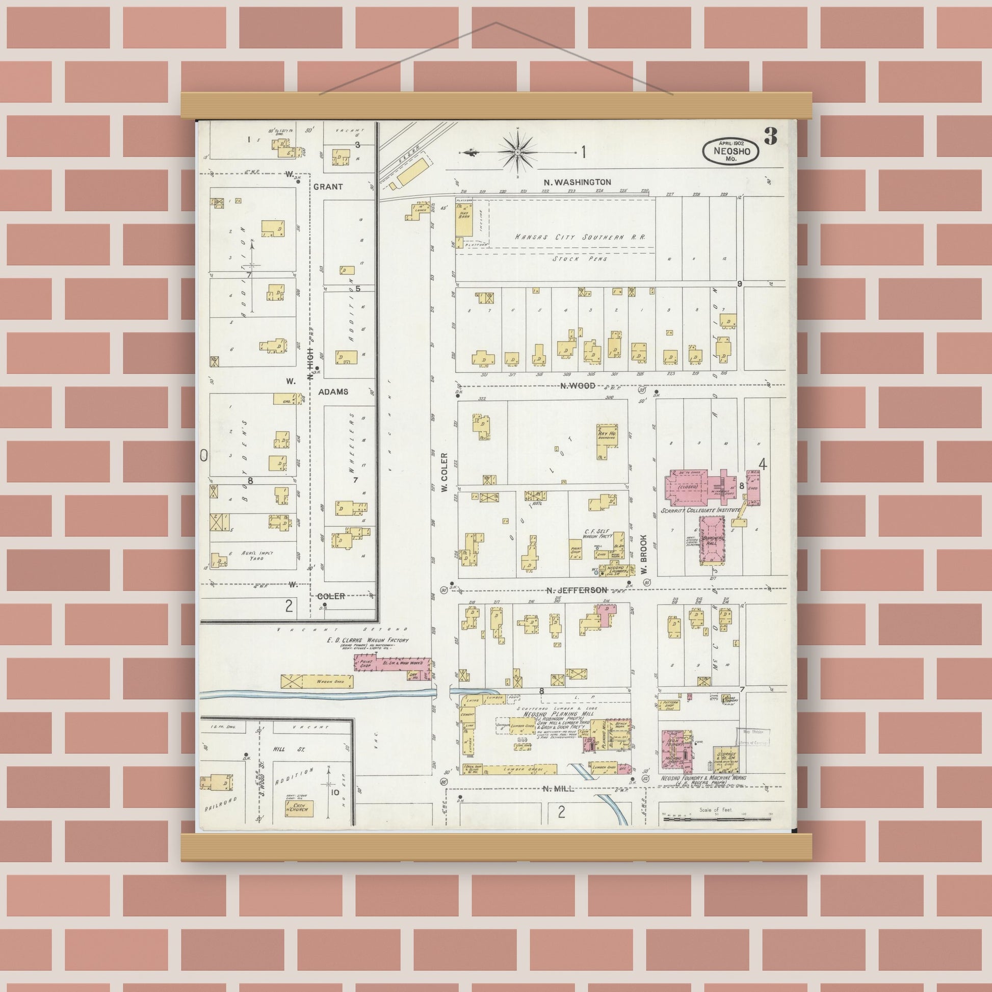 Old map wall art mockup — magnetic wood frame on brick wall — Sanborn Fire Insurance Map from Neosho, Newton County, Missouri (1902), Sheet #0003