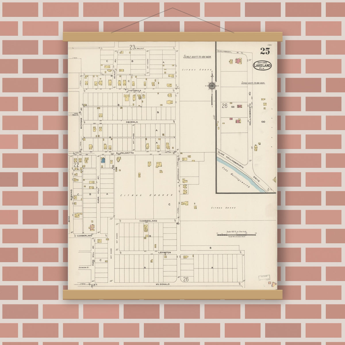 Old map wall art mockup — magnetic wood frame on brick wall — Sanborn Fire Insurance Map from Lakeland, Polk County, Florida (1922), Sheet #0025
