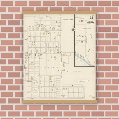 Old map wall art mockup — magnetic wood frame on brick wall — Sanborn Fire Insurance Map from Lakeland, Polk County, Florida (1922), Sheet #0025