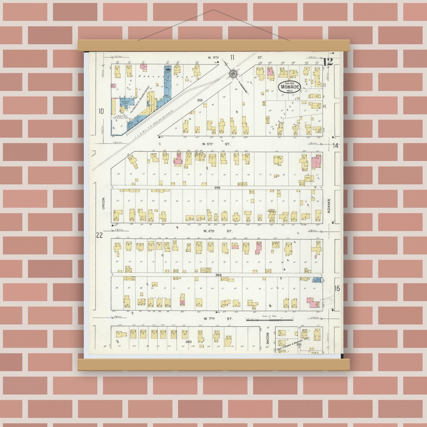 Old map wall art mockup — magnetic wood frame on brick wall — Sanborn Fire Insurance Map from Monroe, Monroe County, Michigan (1916), Sheet #0012