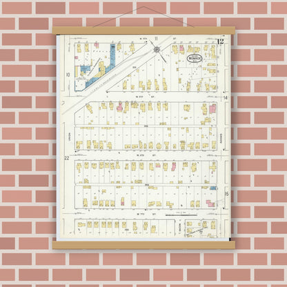 Old map wall art mockup — magnetic wood frame on brick wall — Sanborn Fire Insurance Map from Monroe, Monroe County, Michigan (1916), Sheet #0012