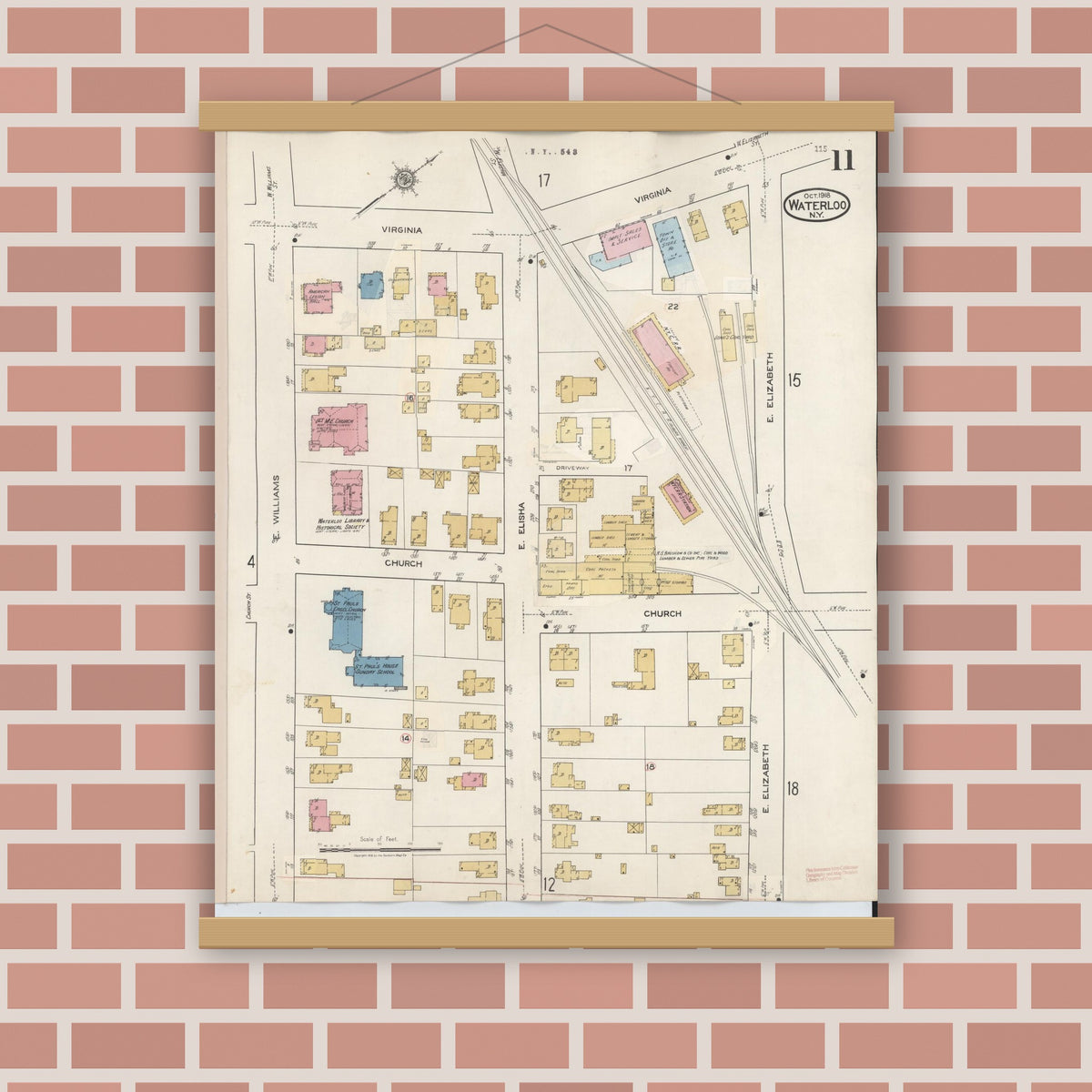 Old map wall art mockup — magnetic wood frame on brick wall — Sanborn Fire Insurance Map from Waterloo, Seneca County, New York (1948), Sheet #0011