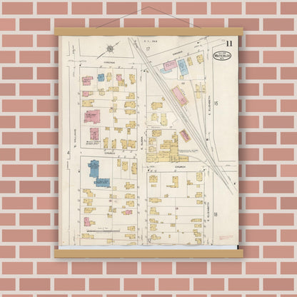 Old map wall art mockup — magnetic wood frame on brick wall — Sanborn Fire Insurance Map from Waterloo, Seneca County, New York (1948), Sheet #0011