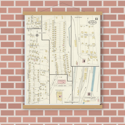 Old map wall art mockup — magnetic wood frame on brick wall — Sanborn Fire Insurance Map from Mount Pleasant, Westmoreland County, Pennsylvania (1914), Sheet #0013