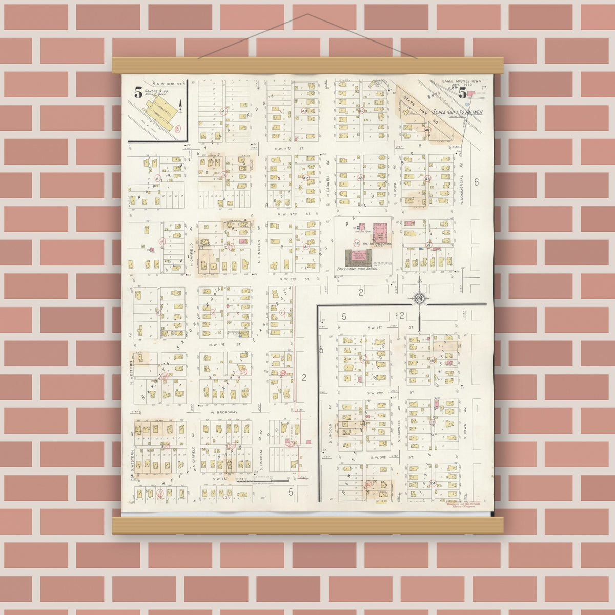 Old map wall art mockup — magnetic wood frame on brick wall — Sanborn Fire Insurance Map from Eagle Grove, Wright County, Iowa (1941), Sheet #0005