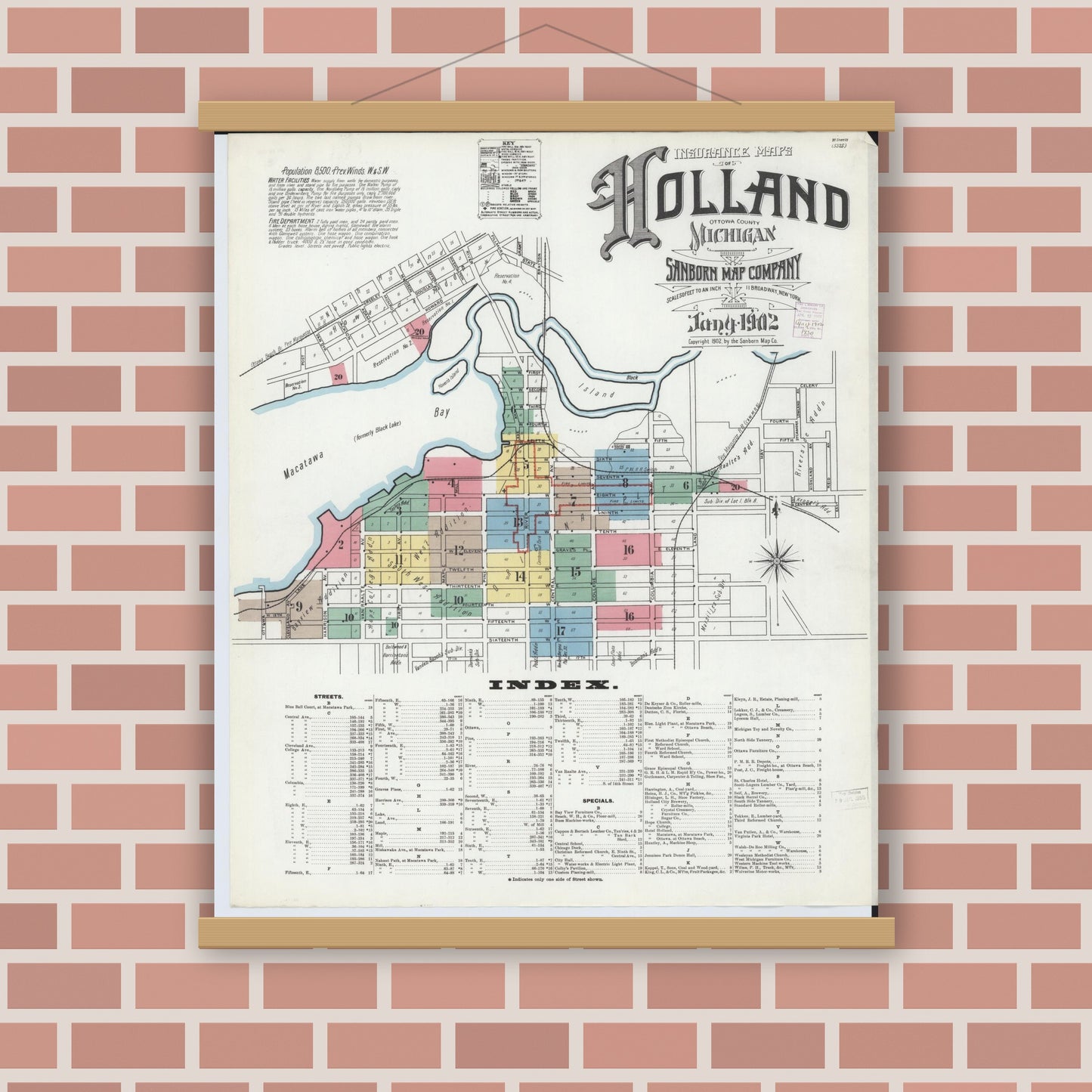 Old map wall art mockup — magnetic wood frame on brick wall — Sanborn Fire Insurance Map from Holland, Ottawa County, Michigan (1902) - Complete Map Set