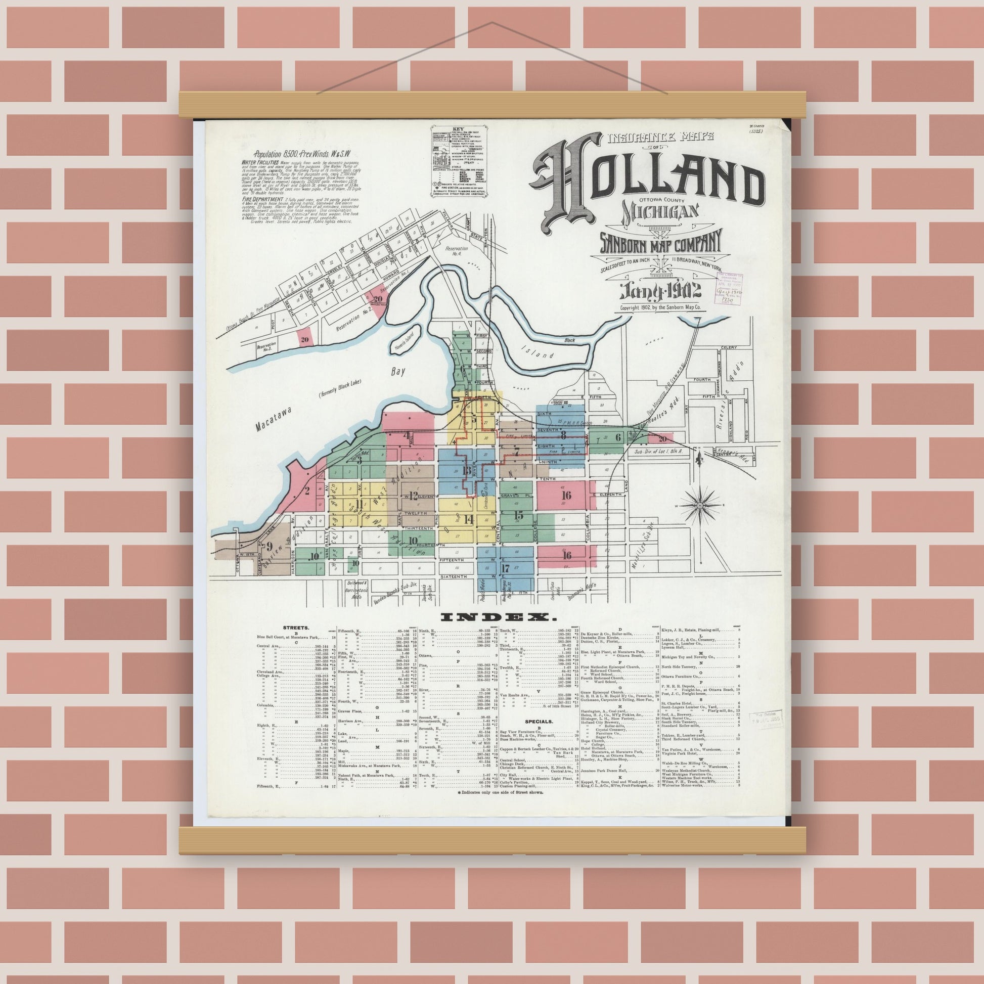 Old map wall art mockup — magnetic wood frame on brick wall — Sanborn Fire Insurance Map from Holland, Ottawa County, Michigan (1902) - Complete Map Set
