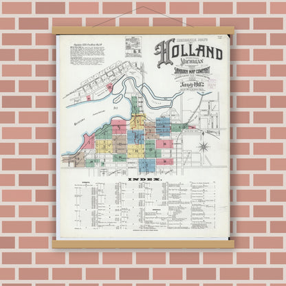 Old map wall art mockup — magnetic wood frame on brick wall — Sanborn Fire Insurance Map from Holland, Ottawa County, Michigan (1902) - Complete Map Set