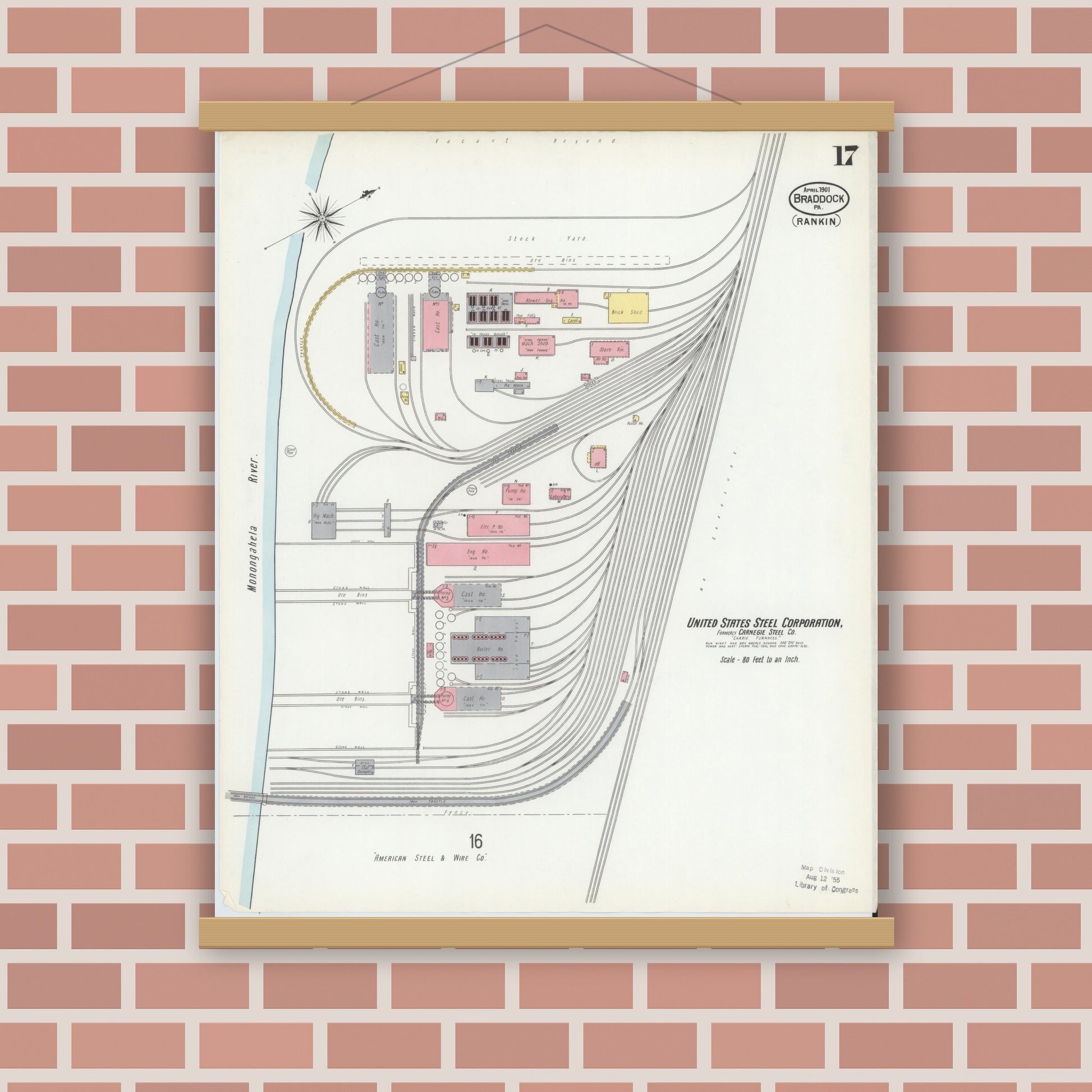 Old map wall art mockup — magnetic wood frame on brick wall — Sanborn Fire Insurance Map from Braddock, Allegheny County, Pennsylvania (1901), Sheet #0017