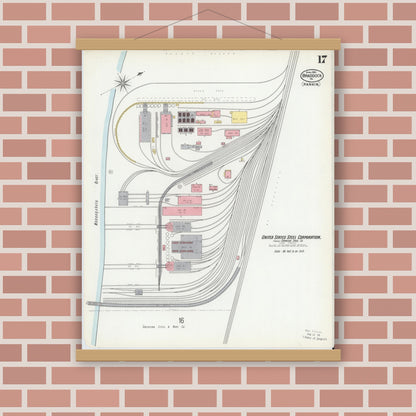 Old map wall art mockup — magnetic wood frame on brick wall — Sanborn Fire Insurance Map from Braddock, Allegheny County, Pennsylvania (1901), Sheet #0017