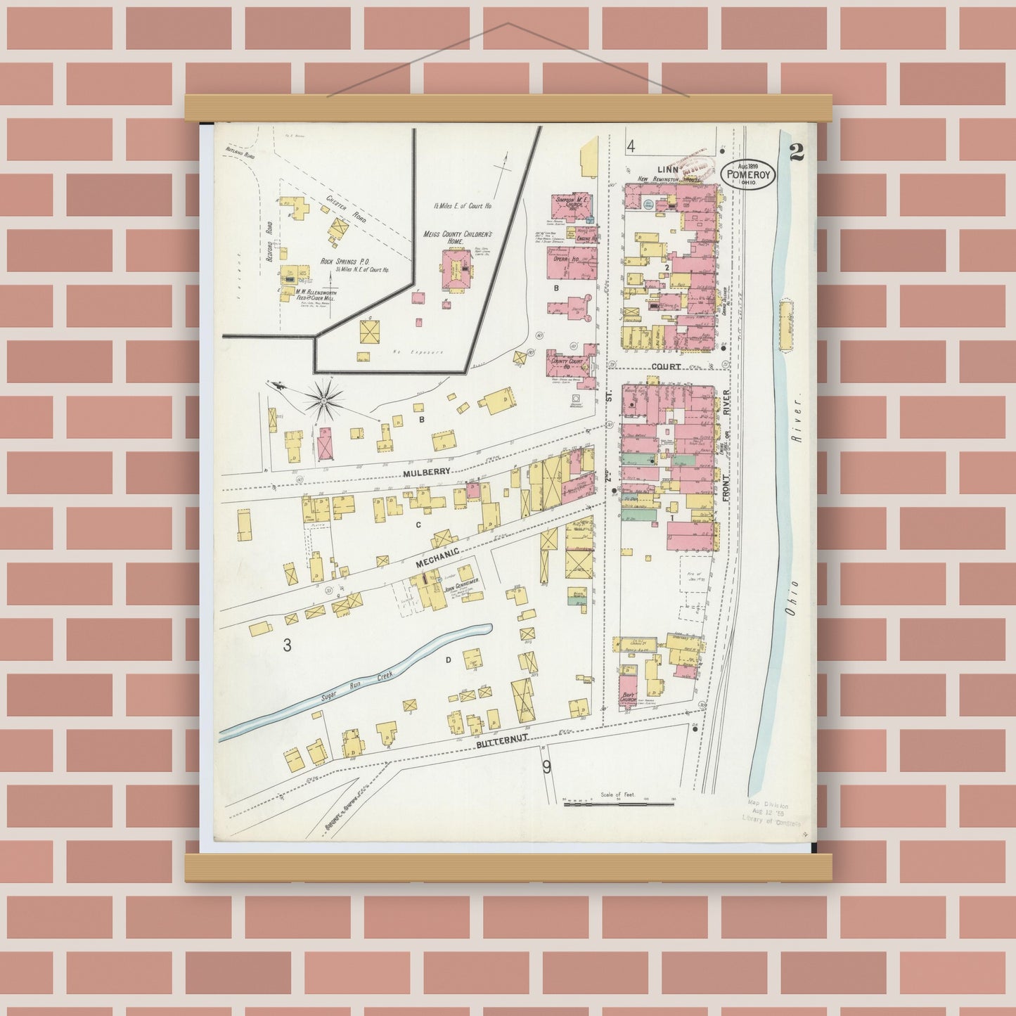 Old map wall art mockup — magnetic wood frame on brick wall — Sanborn Fire Insurance Map from Pomeroy, Meigs County, Ohio (1899), Sheet #0002