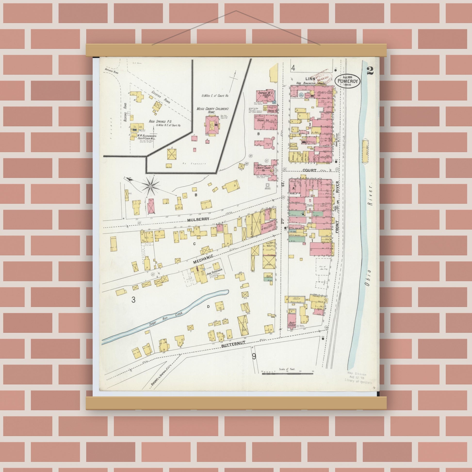Old map wall art mockup — magnetic wood frame on brick wall — Sanborn Fire Insurance Map from Pomeroy, Meigs County, Ohio (1899), Sheet #0002
