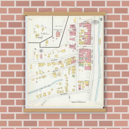 Old map wall art mockup — magnetic wood frame on brick wall — Sanborn Fire Insurance Map from Pomeroy, Meigs County, Ohio (1899), Sheet #0002