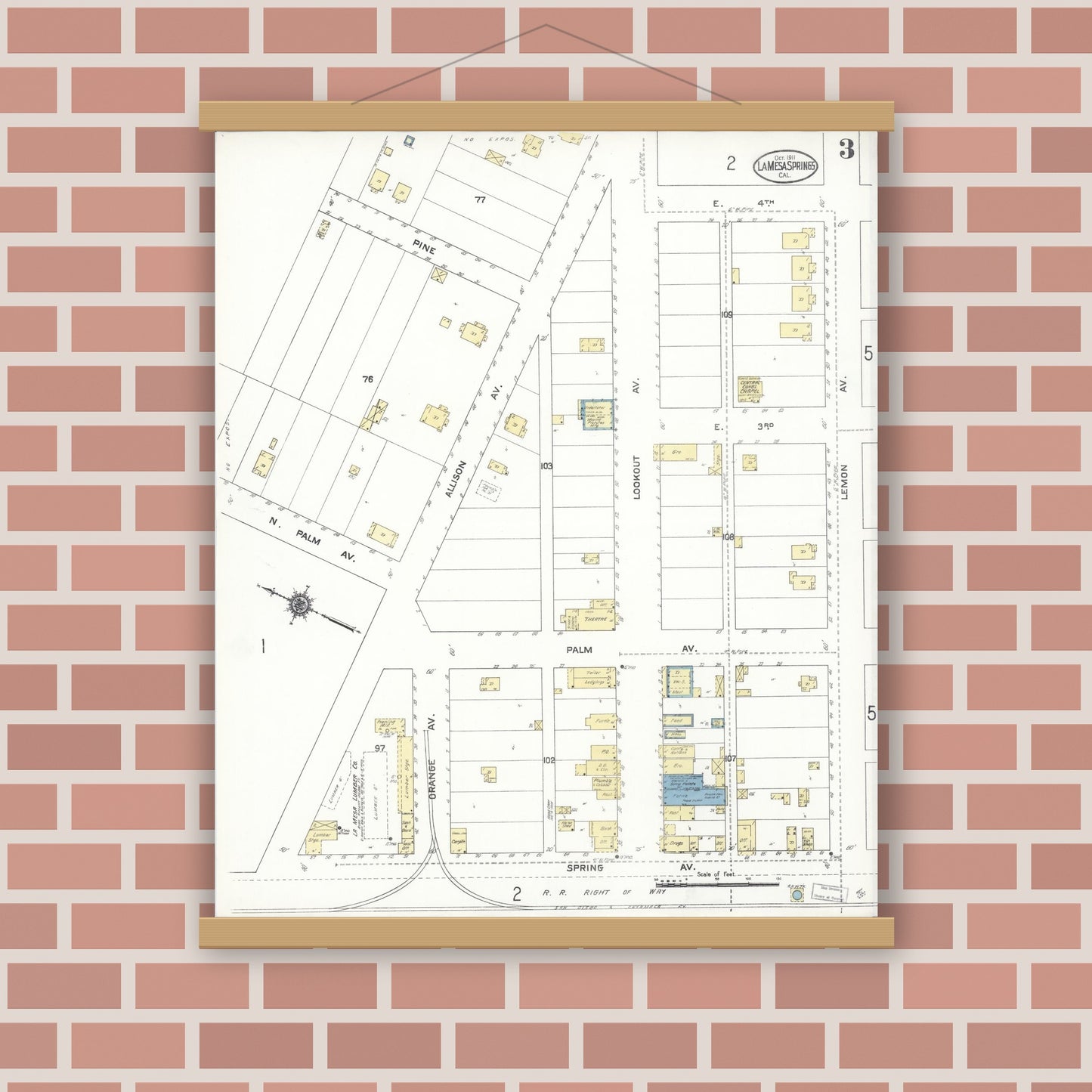 Old map wall art mockup — magnetic wood frame on brick wall — Sanborn Fire Insurance Map from La Mesa, San Diego County, California (1911), Sheet #0003