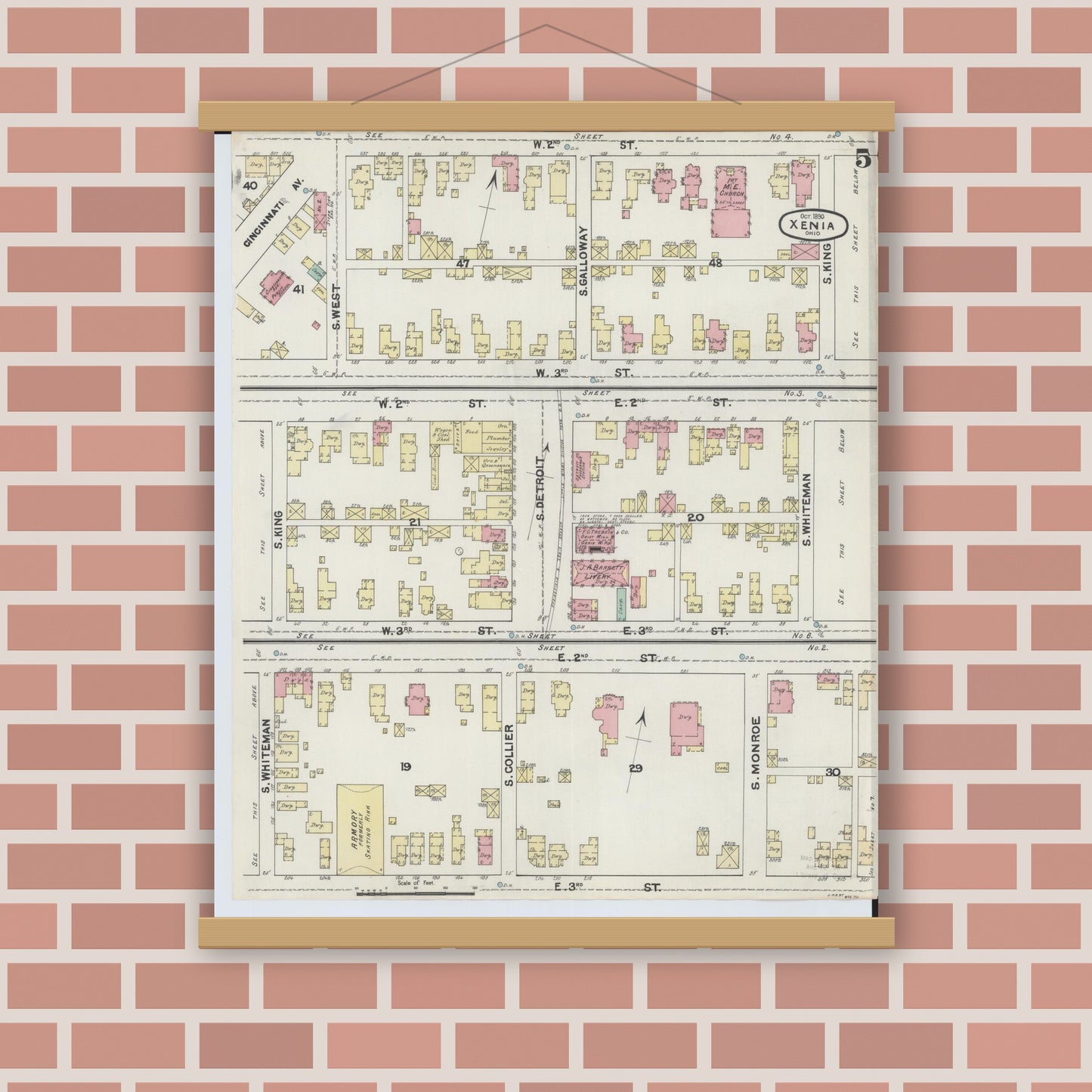 Old map wall art mockup — magnetic wood frame on brick wall — Sanborn Fire Insurance Map from Xenia, Greene County, Ohio (1890), Sheet #0005