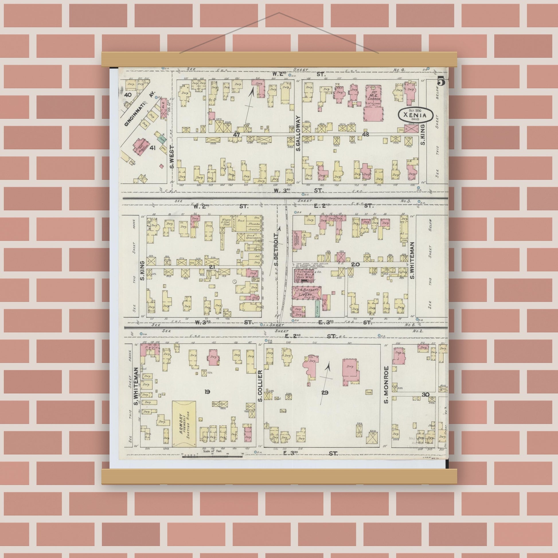Old map wall art mockup — magnetic wood frame on brick wall — Sanborn Fire Insurance Map from Xenia, Greene County, Ohio (1890), Sheet #0005