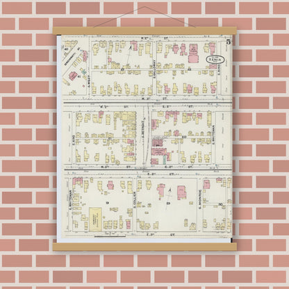 Old map wall art mockup — magnetic wood frame on brick wall — Sanborn Fire Insurance Map from Xenia, Greene County, Ohio (1890), Sheet #0005