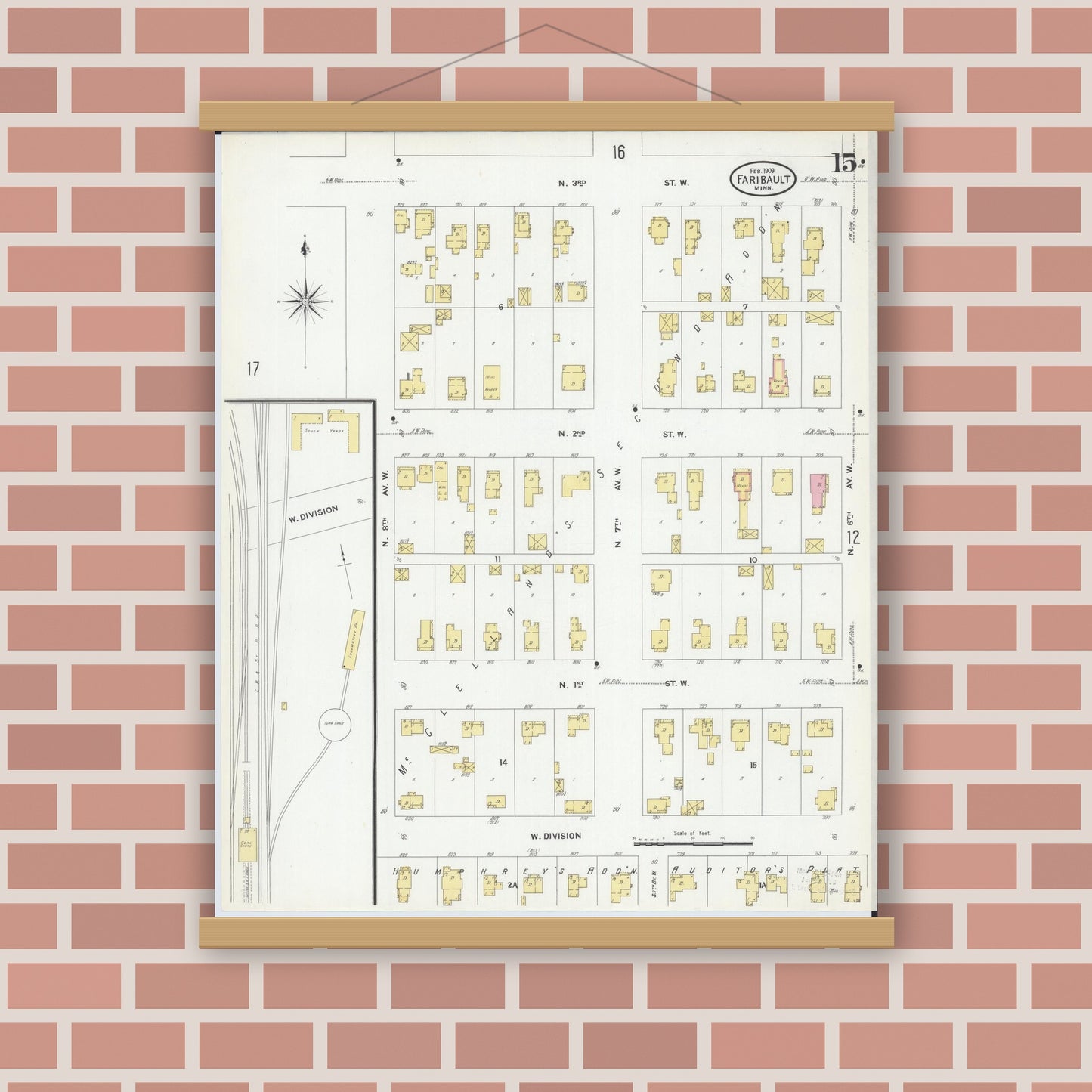 Old map wall art mockup — magnetic wood frame on brick wall — Sanborn Fire Insurance Map from Faribault, Rice County, Minnesota (1909), Sheet #0015