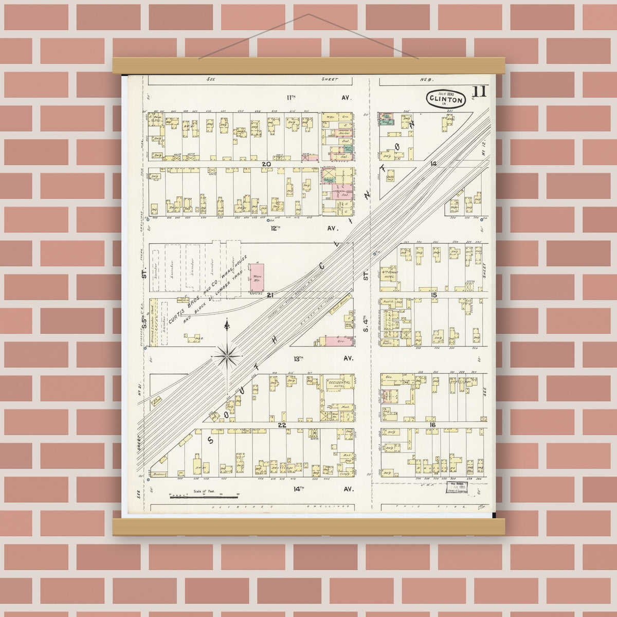 Old map wall art mockup — magnetic wood frame on brick wall — Sanborn Fire Insurance Map from Clinton, Clinton County, Iowa (1890), Sheet #0011