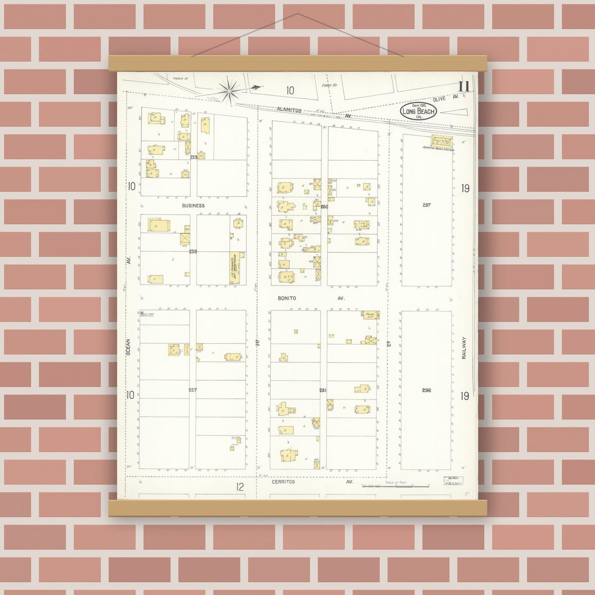 Old map wall art mockup — magnetic wood frame on brick wall — Sanborn Fire Insurance Map from Long Beach, Los Angeles County, California (1902), Sheet #0011