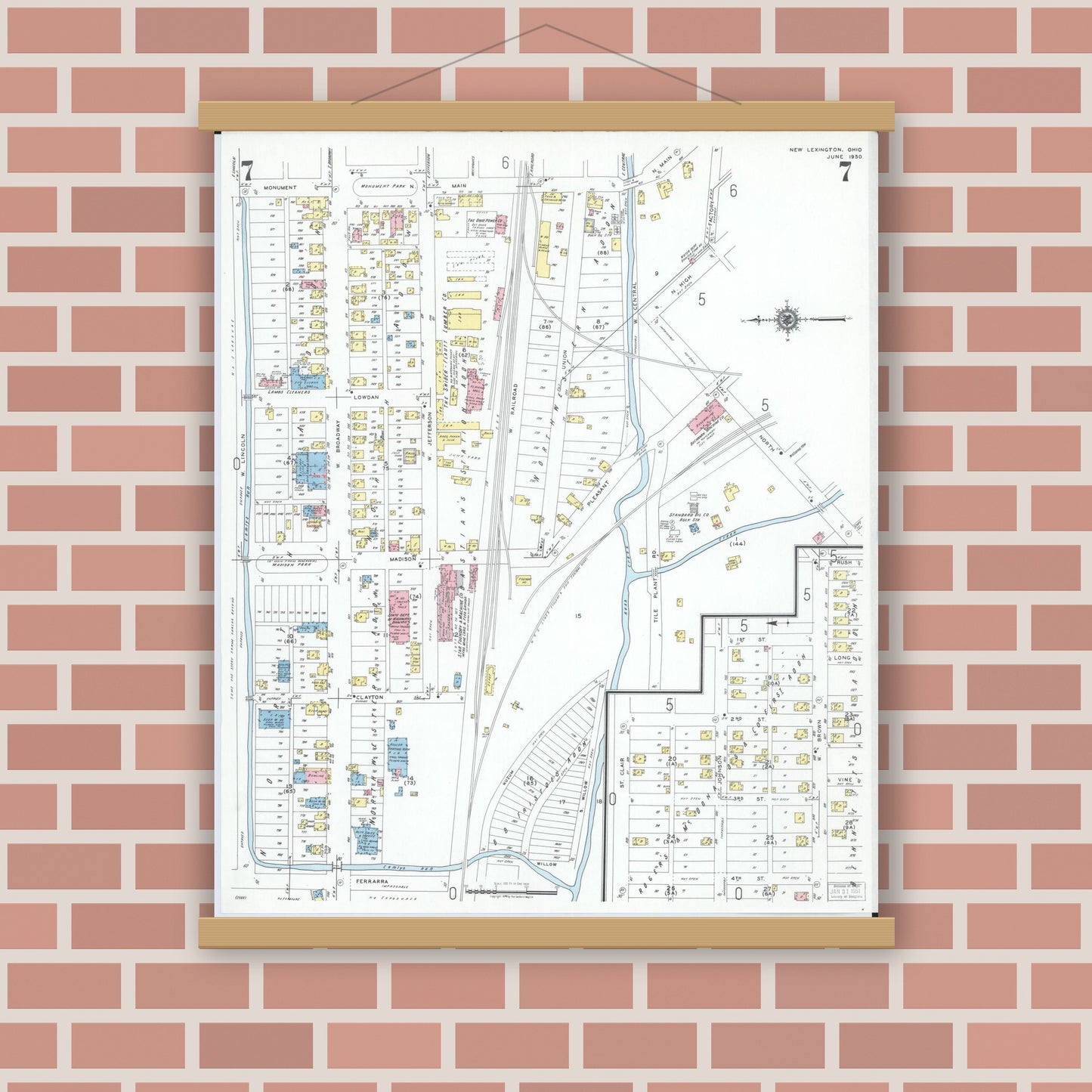 Old map wall art mockup — magnetic wood frame on brick wall — Sanborn Fire Insurance Map from New Lexington, Perry County, Ohio (1950), Sheet #0007