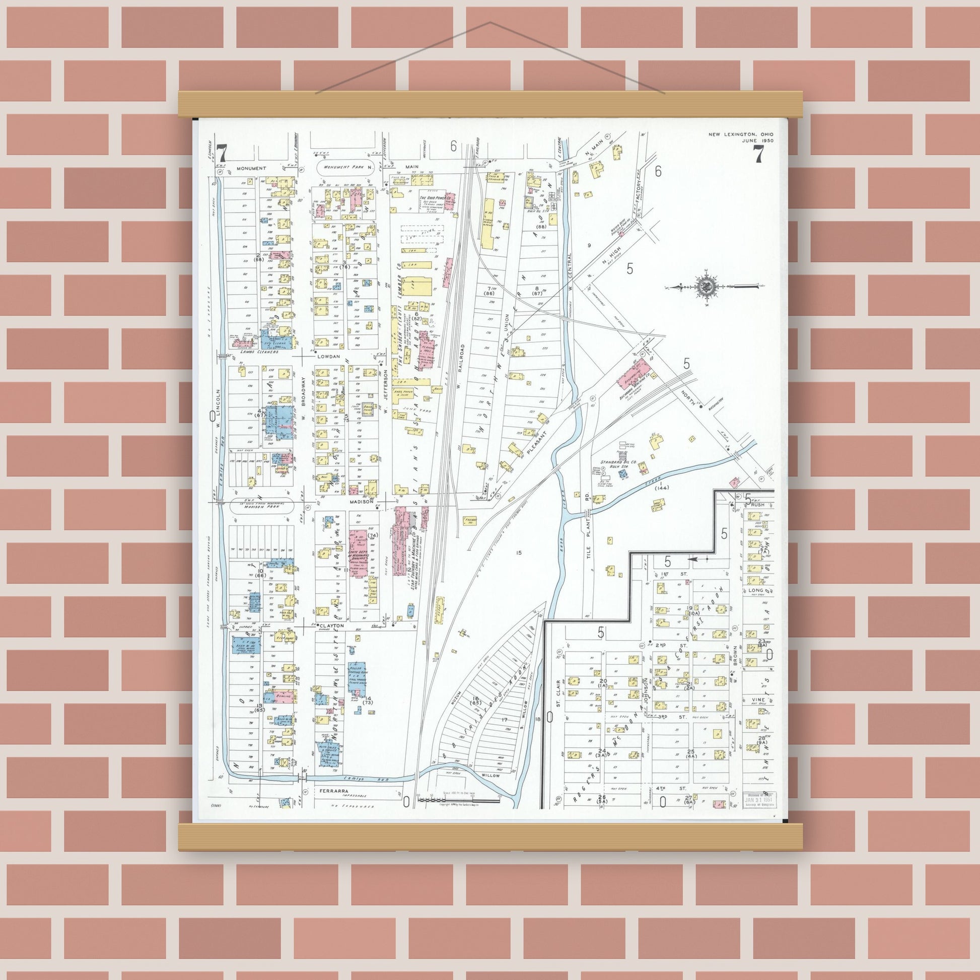 Old map wall art mockup — magnetic wood frame on brick wall — Sanborn Fire Insurance Map from New Lexington, Perry County, Ohio (1950), Sheet #0007
