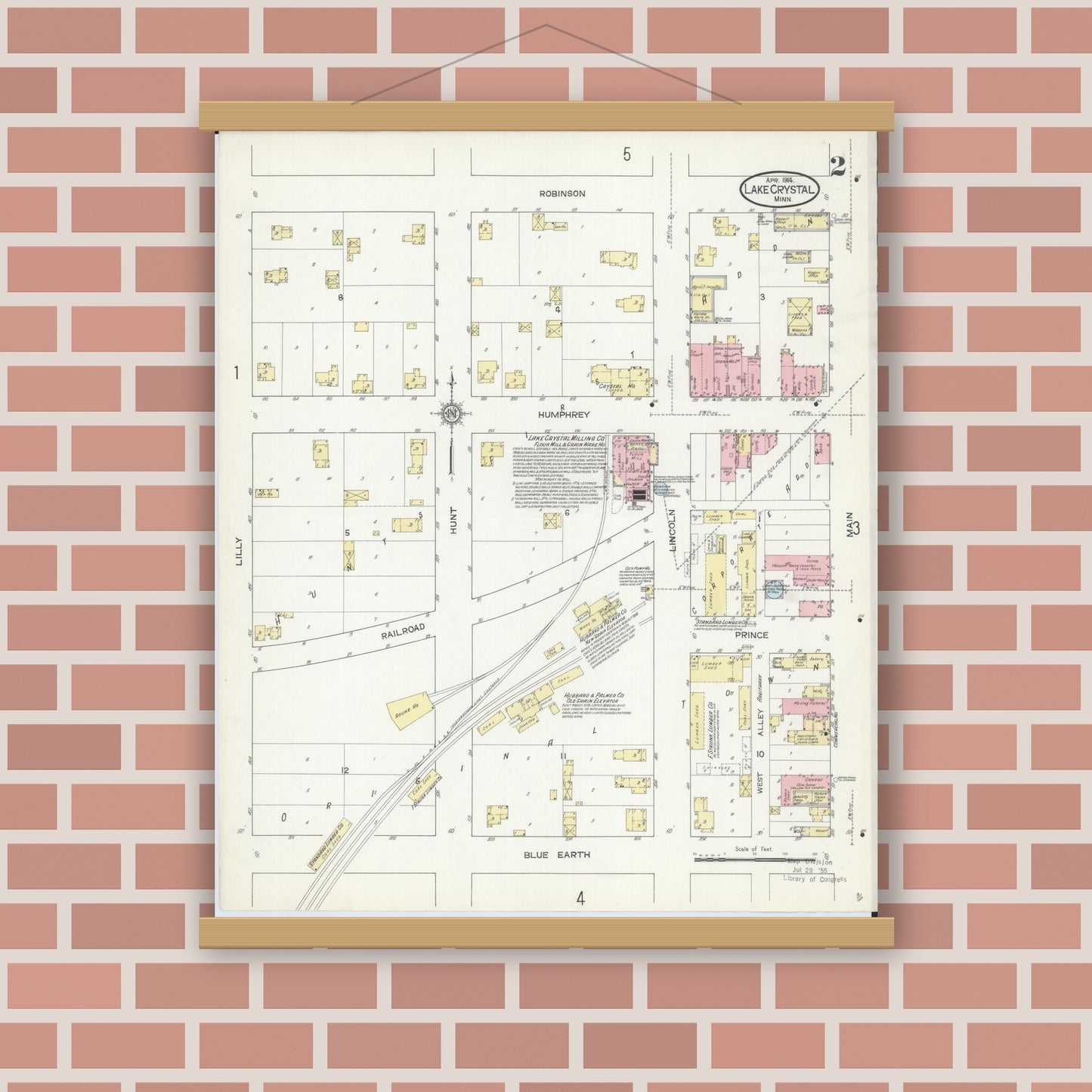 Old map wall art mockup — magnetic wood frame on brick wall — Sanborn Fire Insurance Map from Lake Crystal, Blue Earth County, Minnesota (1914), Sheet #0002