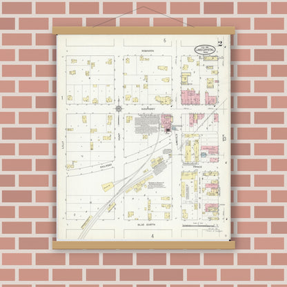 Old map wall art mockup — magnetic wood frame on brick wall — Sanborn Fire Insurance Map from Lake Crystal, Blue Earth County, Minnesota (1914), Sheet #0002