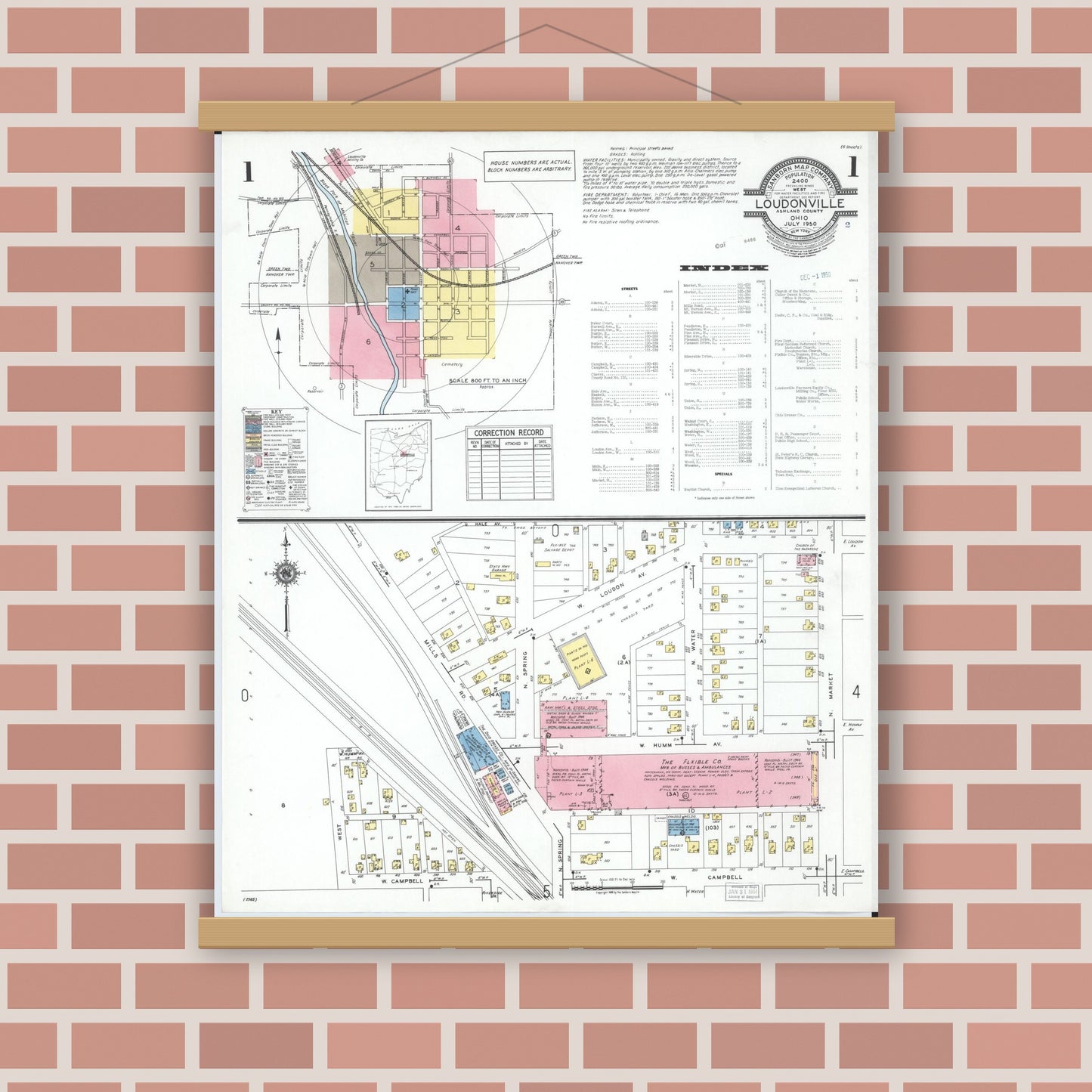 Old map wall art mockup — magnetic wood frame on brick wall — Sanborn Fire Insurance Map from Loudonville, Ashland County, Ohio (1950), Sheet #0001