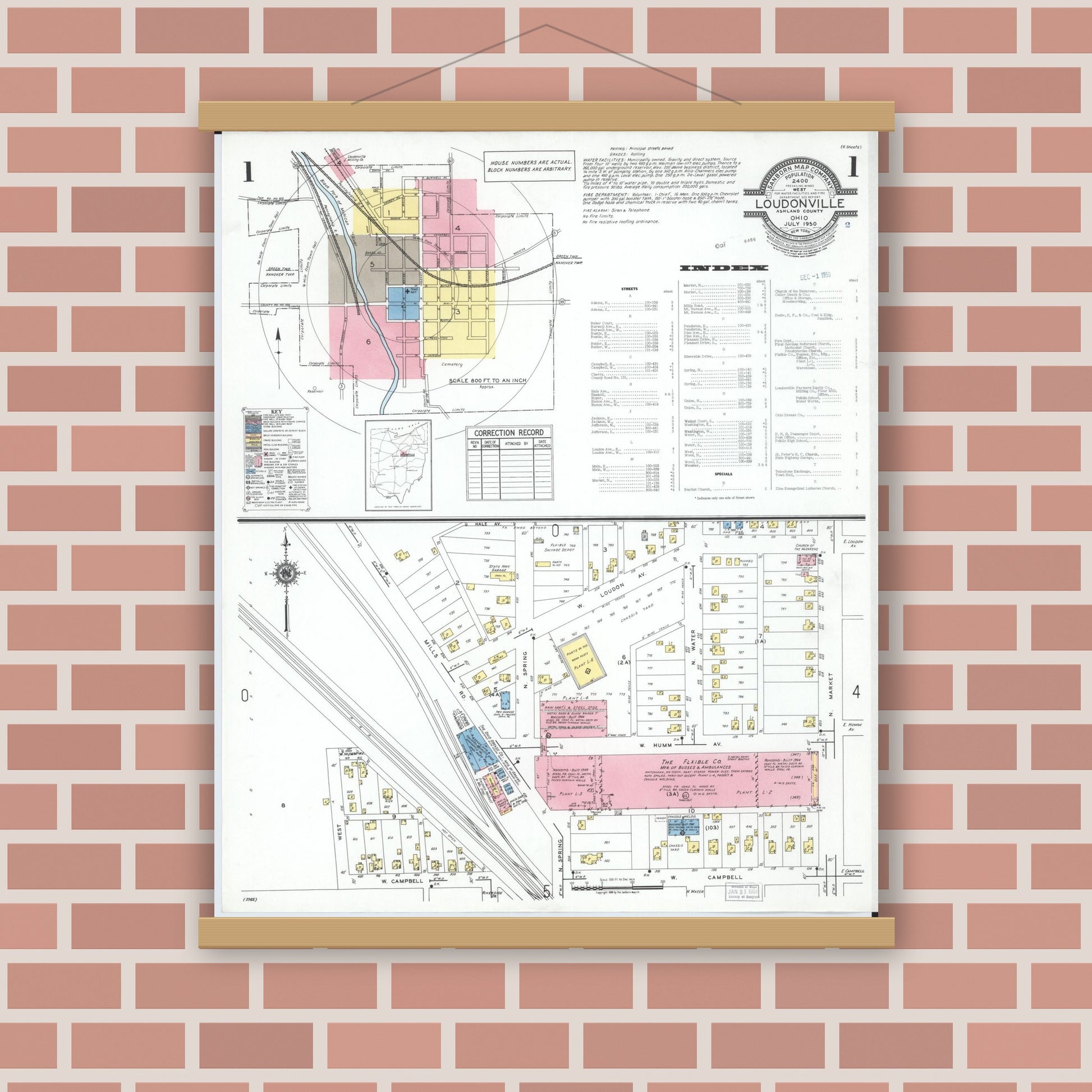 Old map wall art mockup — magnetic wood frame on brick wall — Sanborn Fire Insurance Map from Loudonville, Ashland County, Ohio (1950), Sheet #0001