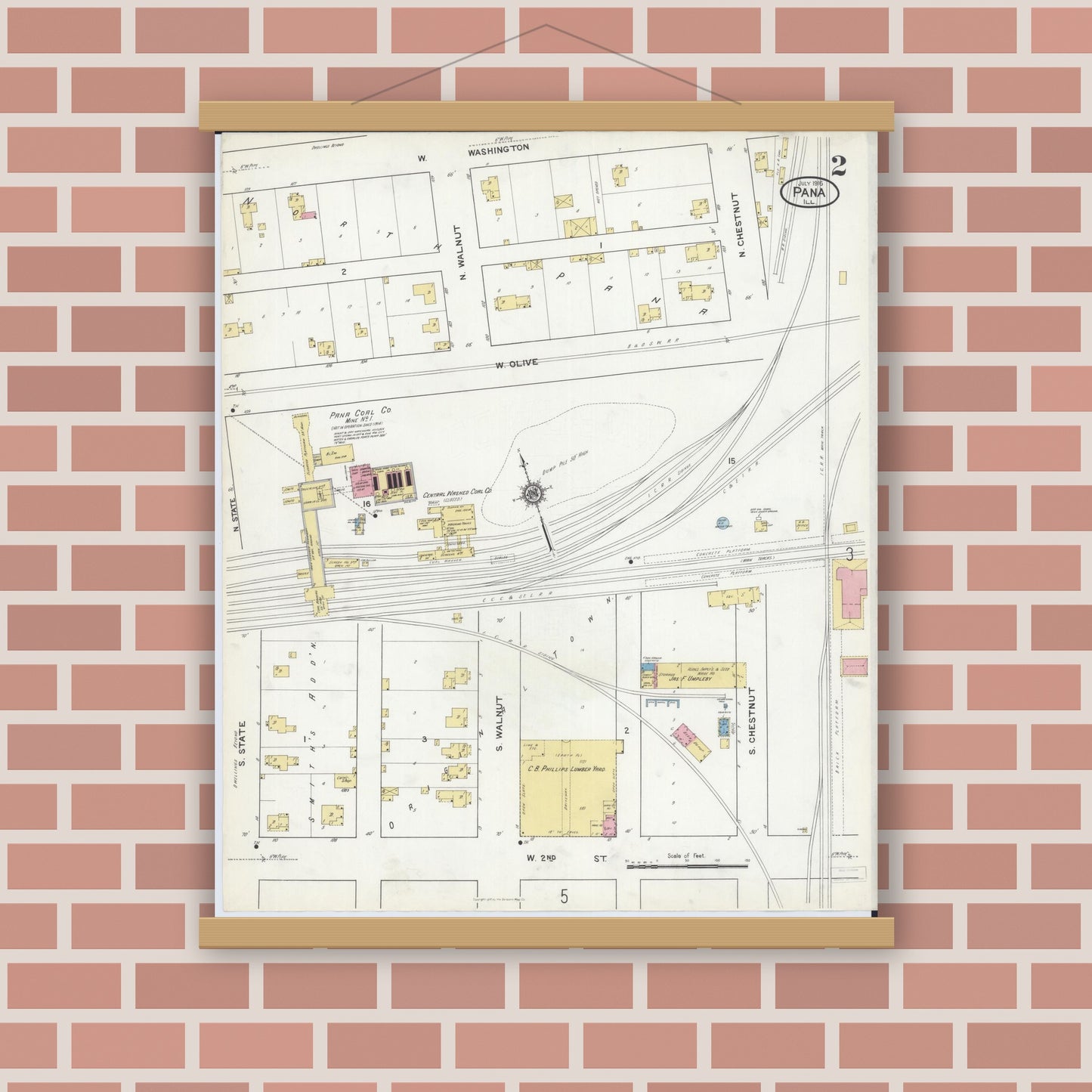 Old map wall art mockup — magnetic wood frame on brick wall — Sanborn Fire Insurance Map from Pana, Christian County, Illinois (1916), Sheet #0002