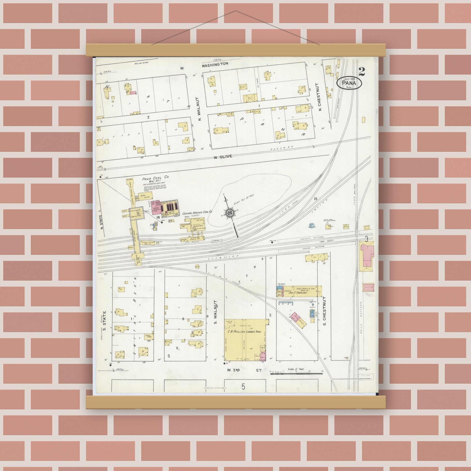 Old map wall art mockup — magnetic wood frame on brick wall — Sanborn Fire Insurance Map from Pana, Christian County, Illinois (1916), Sheet #0002