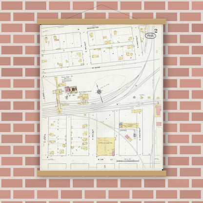 Old map wall art mockup — magnetic wood frame on brick wall — Sanborn Fire Insurance Map from Pana, Christian County, Illinois (1916), Sheet #0002