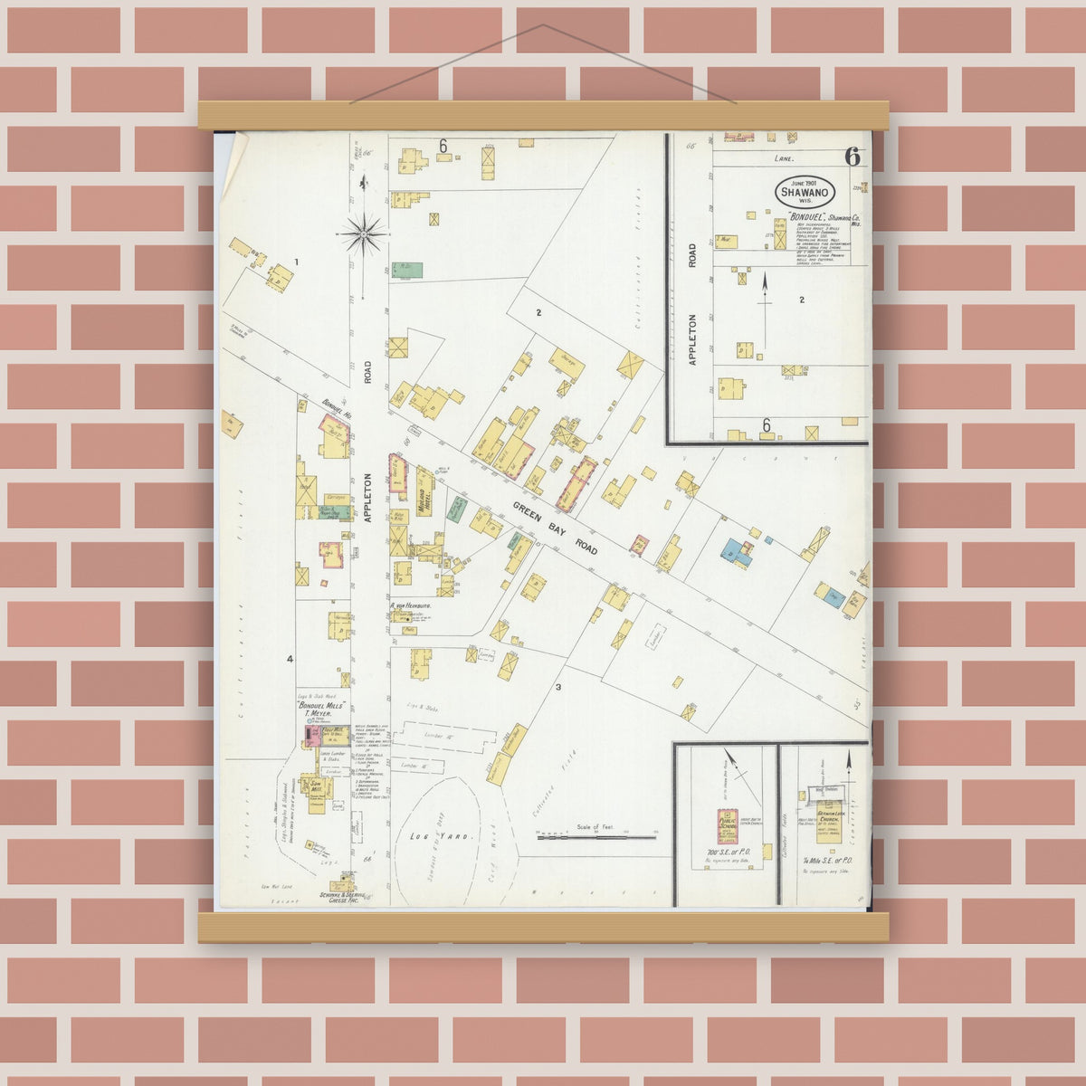 Old map wall art mockup — magnetic wood frame on brick wall — Sanborn Fire Insurance Map from Shawano, Shawano County, Wisconsin (1901), Sheet #0006