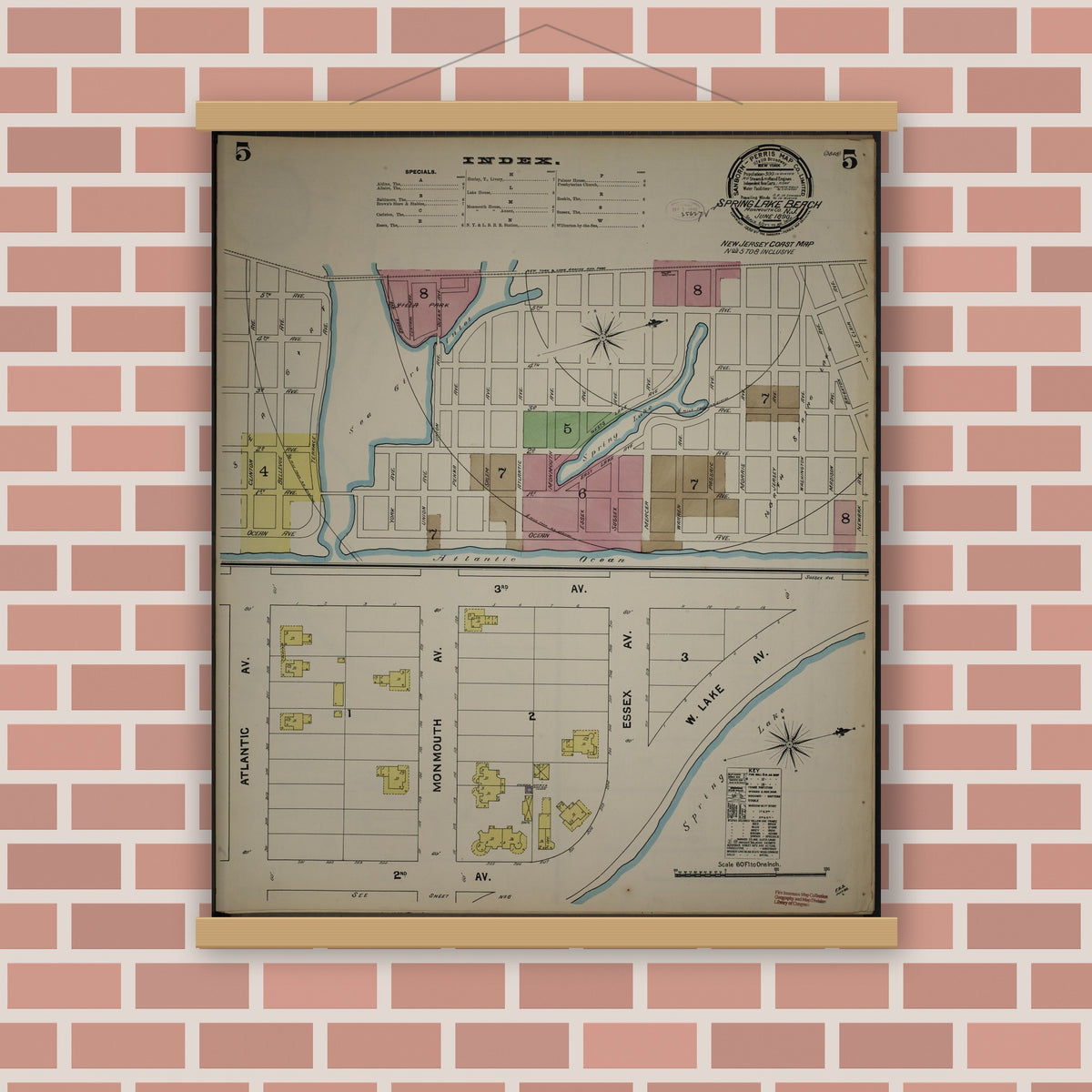 Old map wall art mockup — magnetic wood frame on brick wall — Sanborn Fire Insurance Map from New Jersey Coast, New Jersey Coast, New Jersey (1890), Sheet #0005