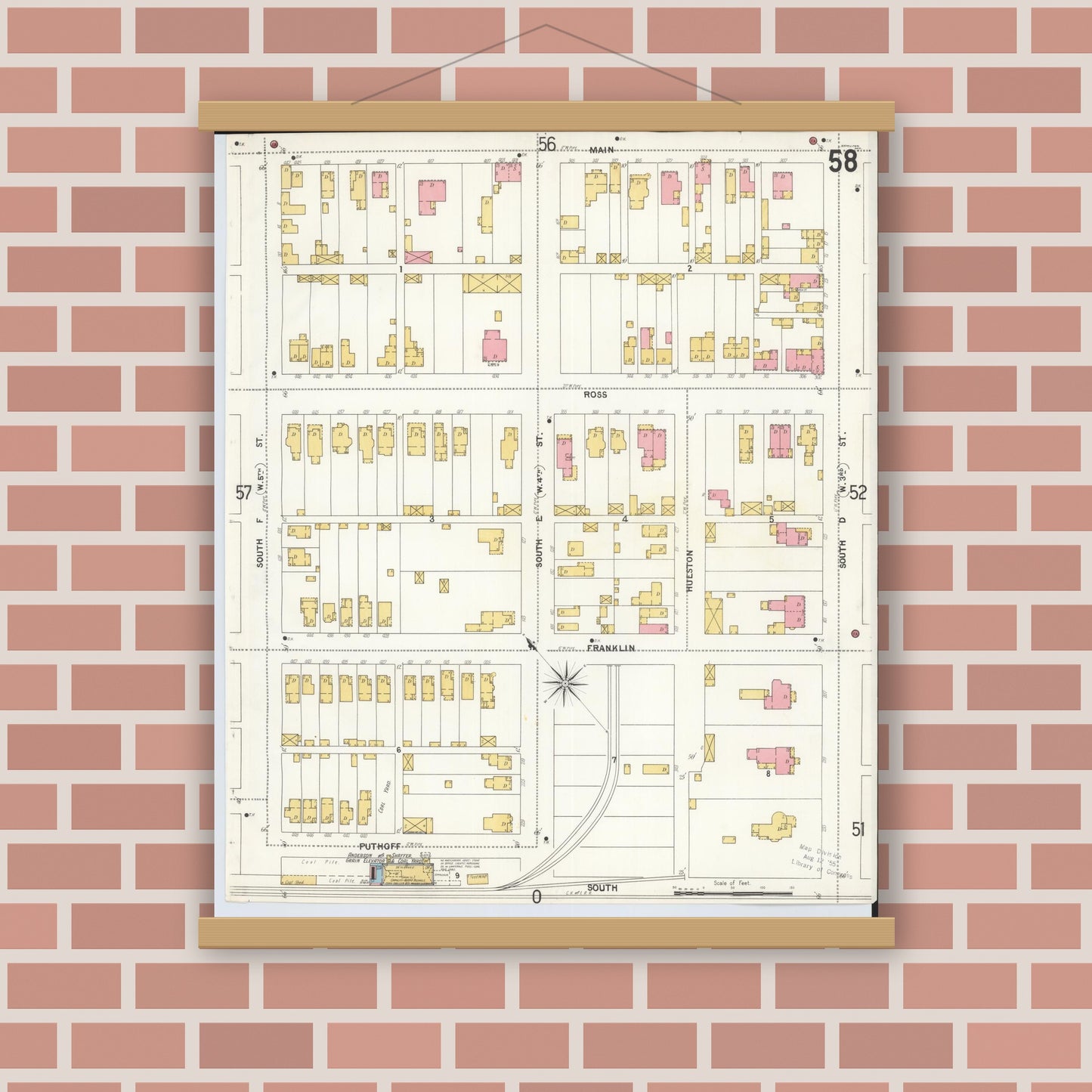 Old map wall art mockup — magnetic wood frame on brick wall — Sanborn Fire Insurance Map from Hamilton, Butler County, Ohio (1899), Sheet #0058