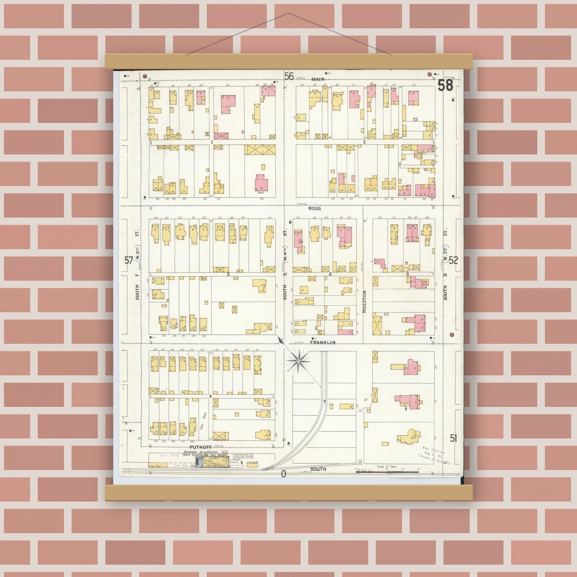 Old map wall art mockup — magnetic wood frame on brick wall — Sanborn Fire Insurance Map from Hamilton, Butler County, Ohio (1899), Sheet #0058