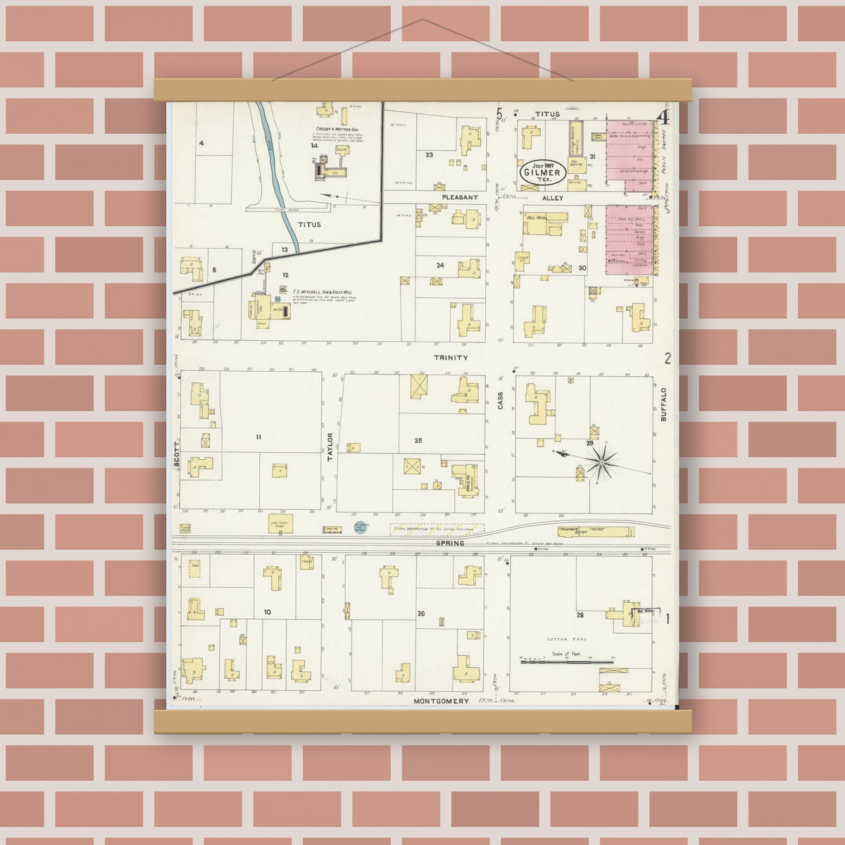 Old map wall art mockup — magnetic wood frame on brick wall — Sanborn Fire Insurance Map from Gilmer, Upshur County, Texas (1907), Sheet #0004