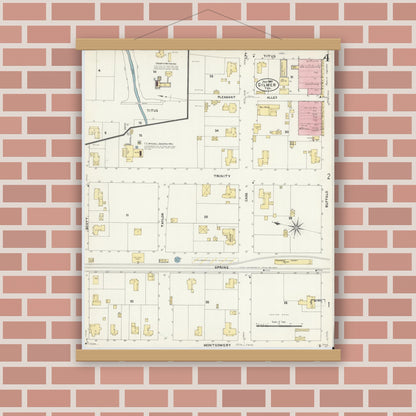Old map wall art mockup — magnetic wood frame on brick wall — Sanborn Fire Insurance Map from Gilmer, Upshur County, Texas (1907), Sheet #0004
