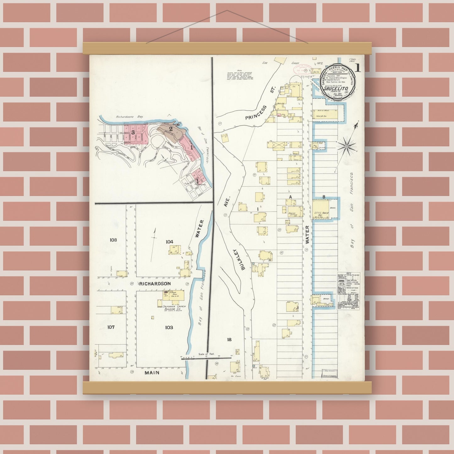 Old map wall art mockup — magnetic wood frame on brick wall — Sanborn Fire Insurance Map from Sausalito, Marin County, California (1891) - Complete Map Set