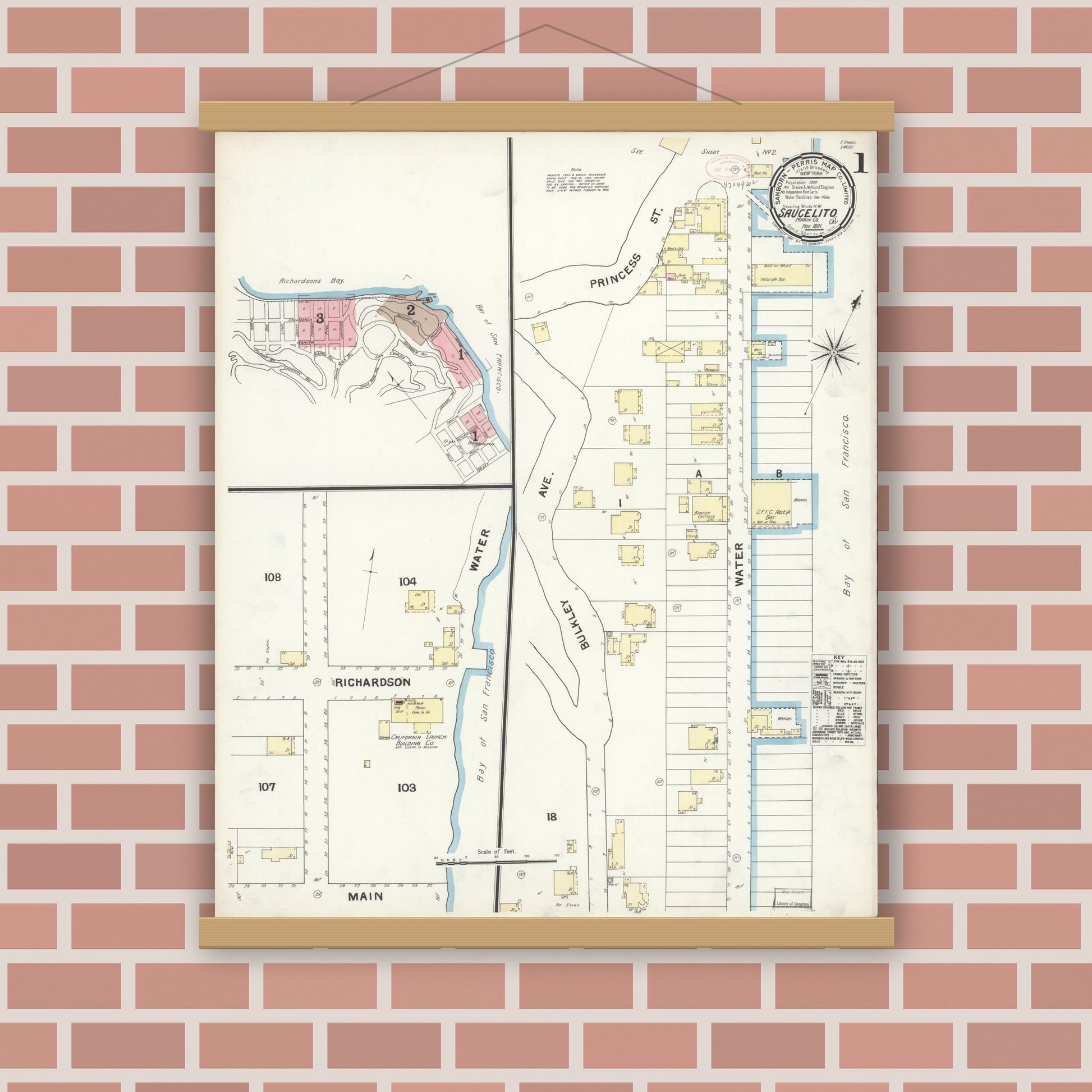 Old map wall art mockup — magnetic wood frame on brick wall — Sanborn Fire Insurance Map from Sausalito, Marin County, California (1891) - Complete Map Set