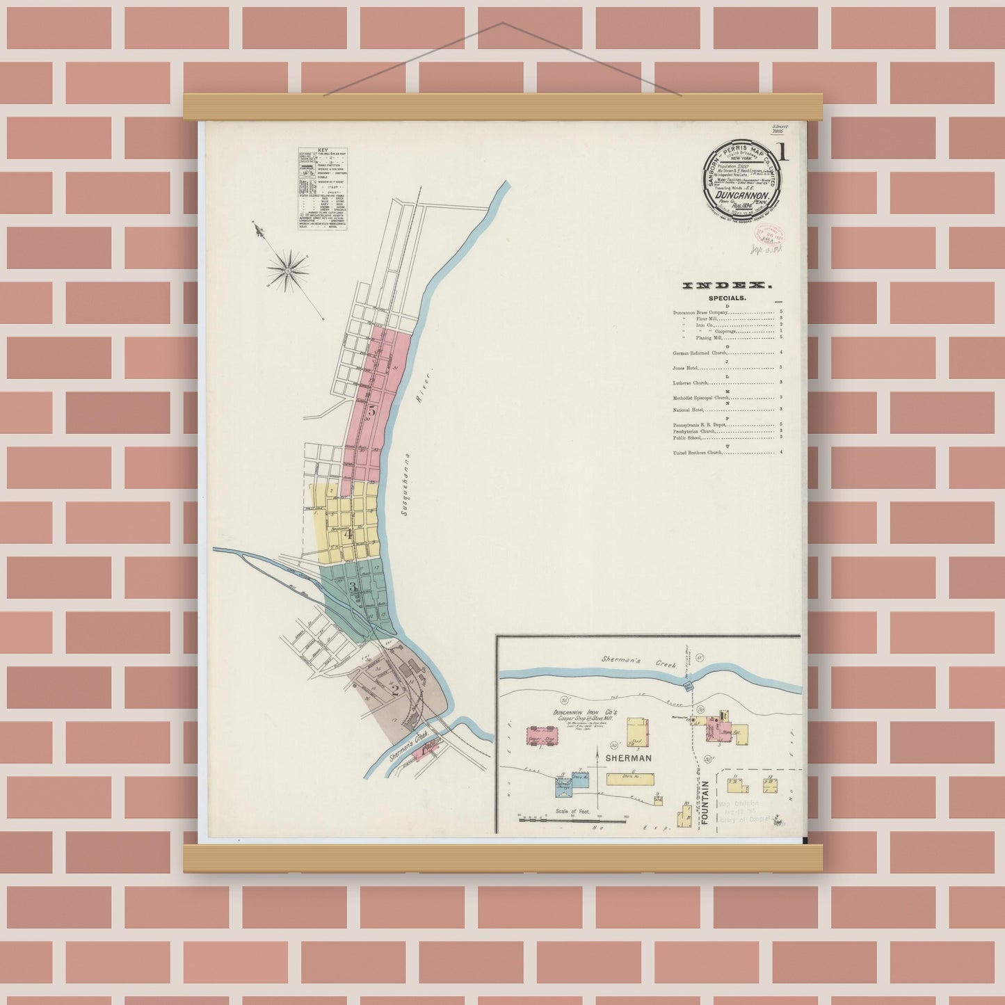Old map wall art mockup — magnetic wood frame on brick wall — Sanborn Fire Insurance Map from Duncannon, Perry County, Pennsylvania (1894), Sheet #0001