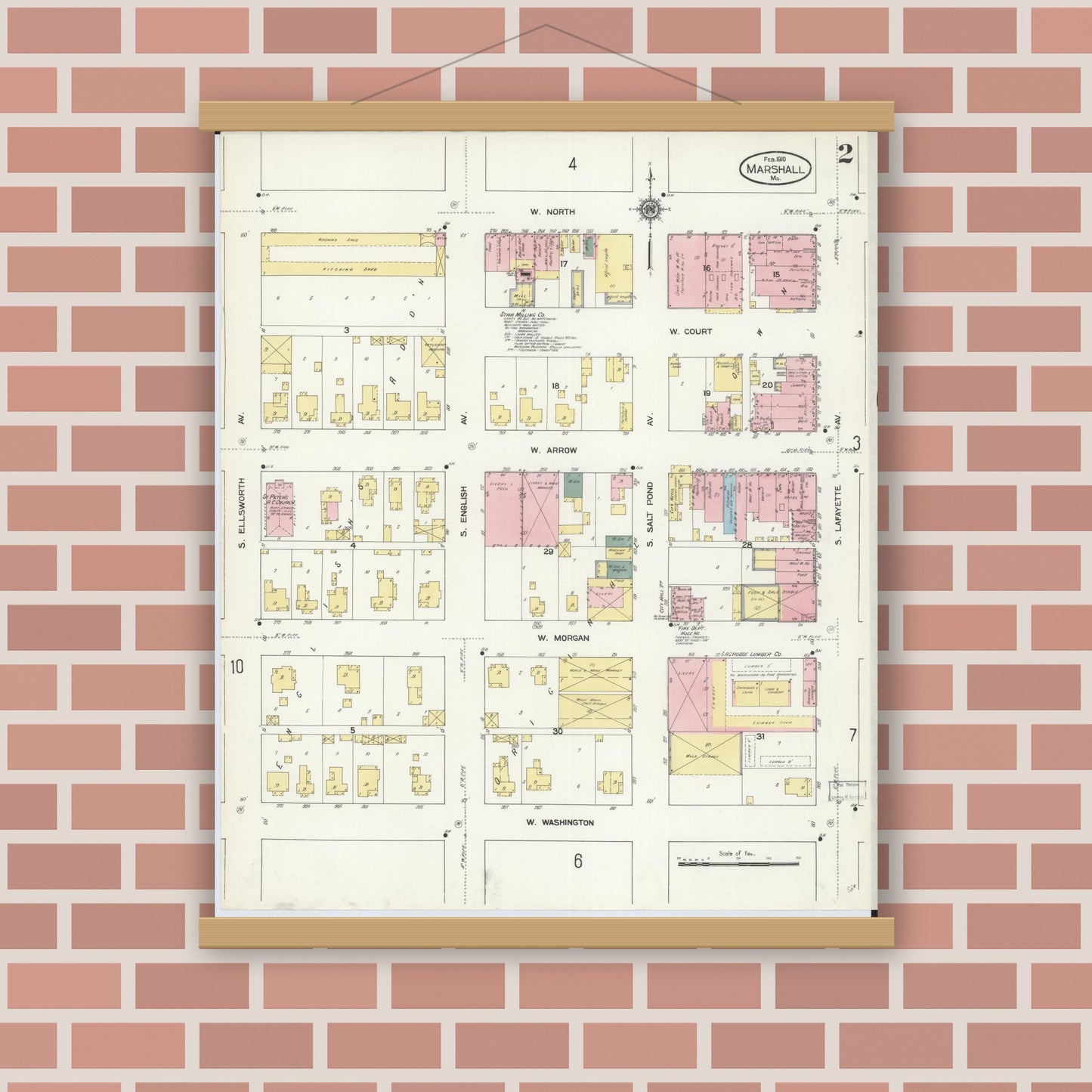 Old map wall art mockup — magnetic wood frame on brick wall — Sanborn Fire Insurance Map from Marshall, Saline County, Missouri (1910), Sheet #0002
