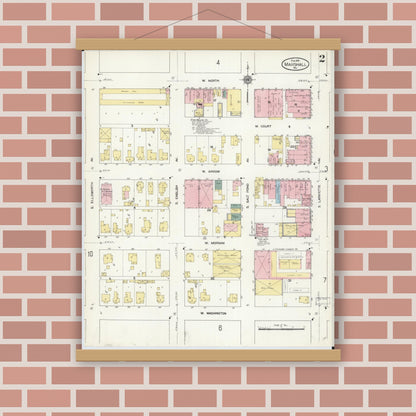 Old map wall art mockup — magnetic wood frame on brick wall — Sanborn Fire Insurance Map from Marshall, Saline County, Missouri (1910), Sheet #0002