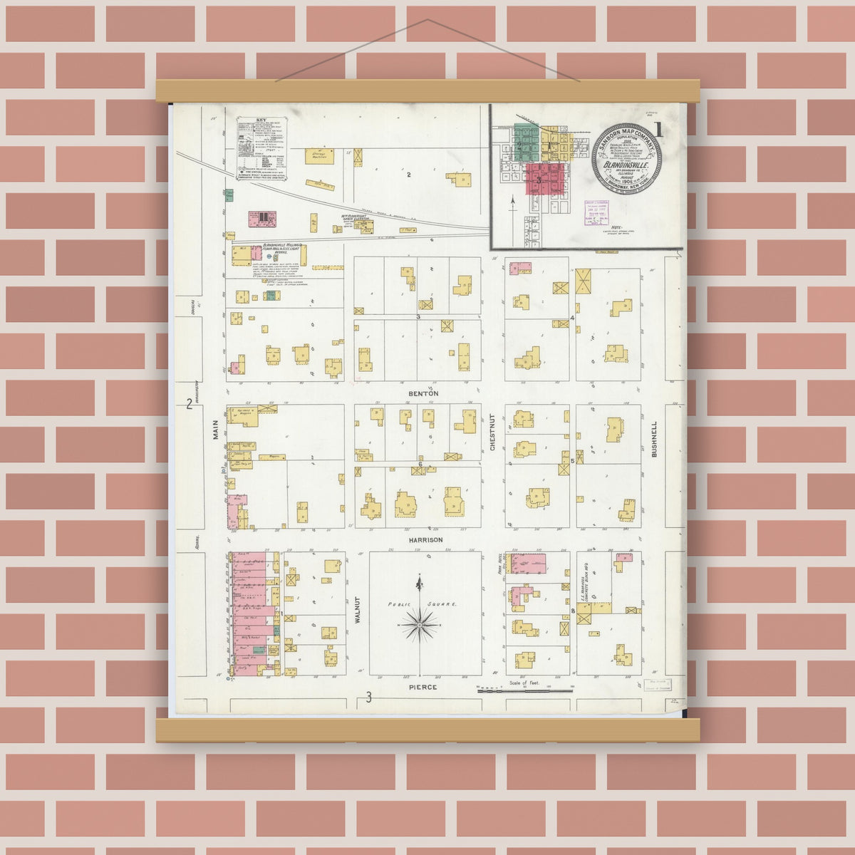 Old map wall art mockup — magnetic wood frame on brick wall — Sanborn Fire Insurance Map from Blandinsville, Mcdonough County, Illinois (1906) - Complete Map Set